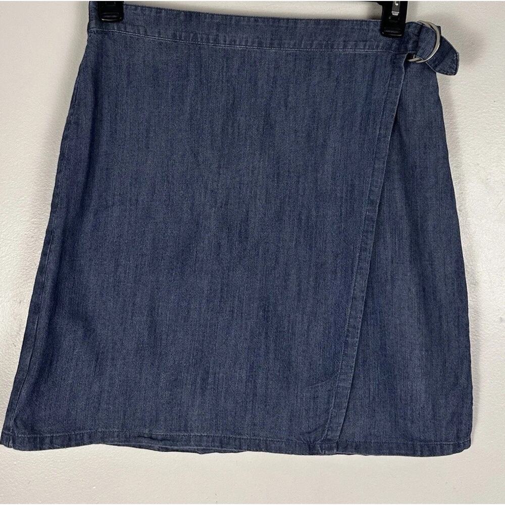 J. Jill Women's Blue Denim (faux) Wrap A- Line Mini Skirt D-Ring Buckle Zip Sz S